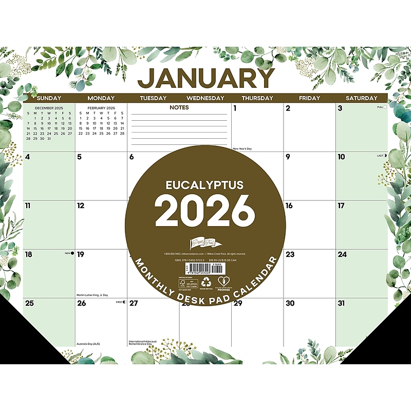 2026 Willow Creek Eucalyptus 22" x 17" Monthly Desk Pad Calendar (57223) image 1