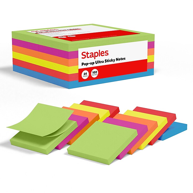 Staples Pop-up Ultra Sticky Notes, 3" x 3", Summer Breeze Collection, 100 Sheets/Pad, 24 Pads/Pack (ST62894) image 1