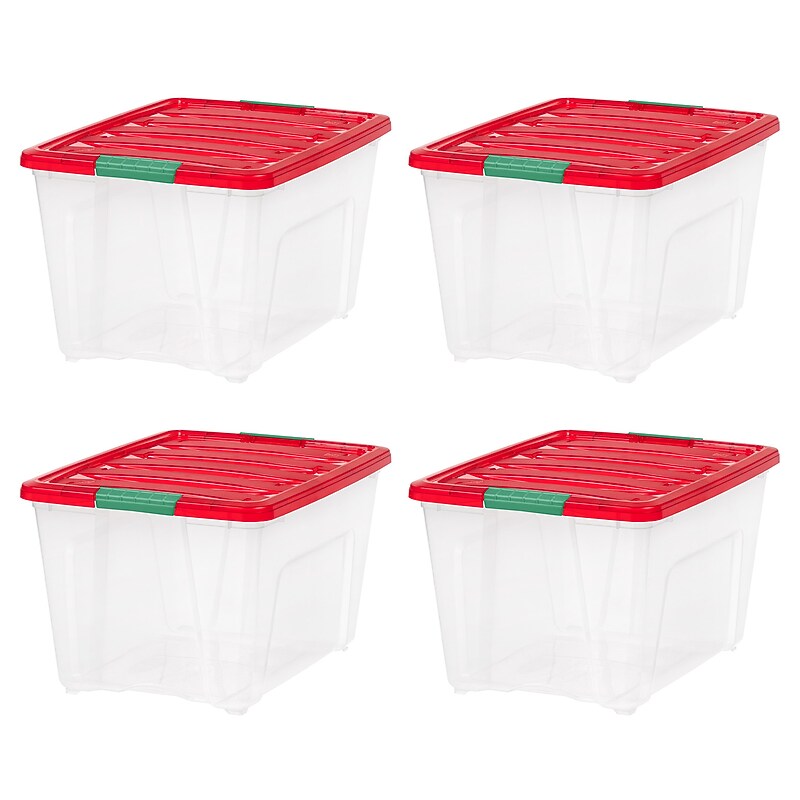 Iris Holiday Large Stackable Plastic Storage Box, 13" x 16.5" x 22", 54 Qt., Clear/Red, 4/Pack (500531) image 1