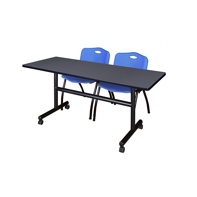 Regency Kobe 60" Flip Top Mobile Training Table- Grey & 2 'M' Stack Chairs- Blue image 1