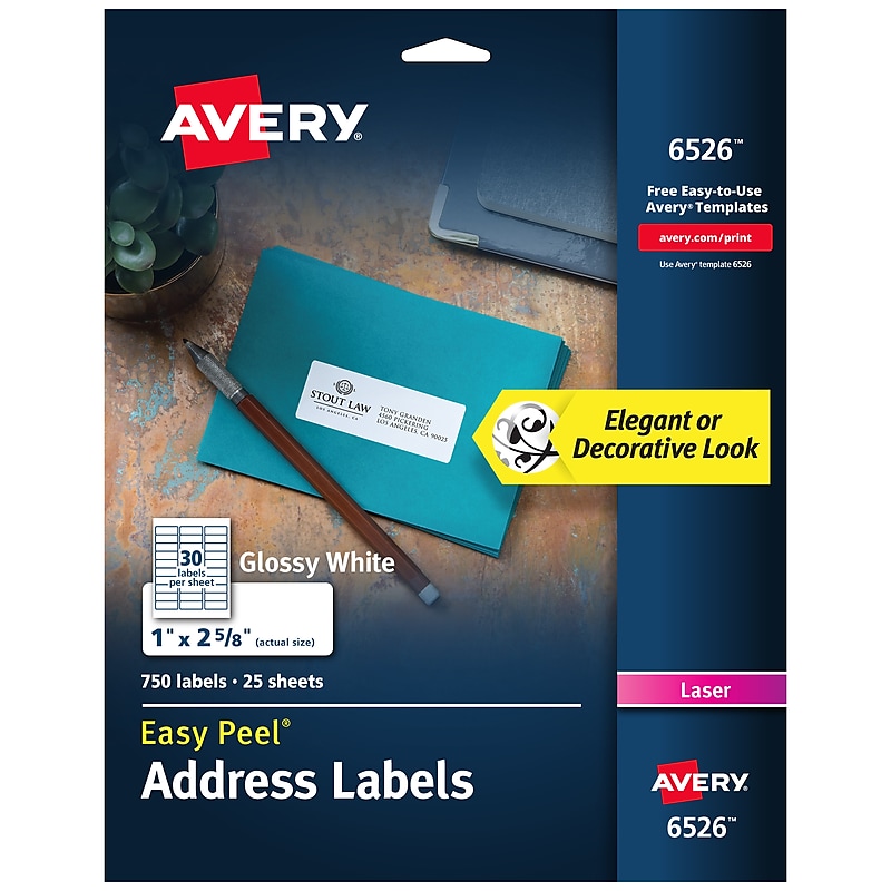 Avery Easy Peel Laser Address Labels, 1" x 2-5/8", Glossy White, 750 Labels/Pack (6526) image 1