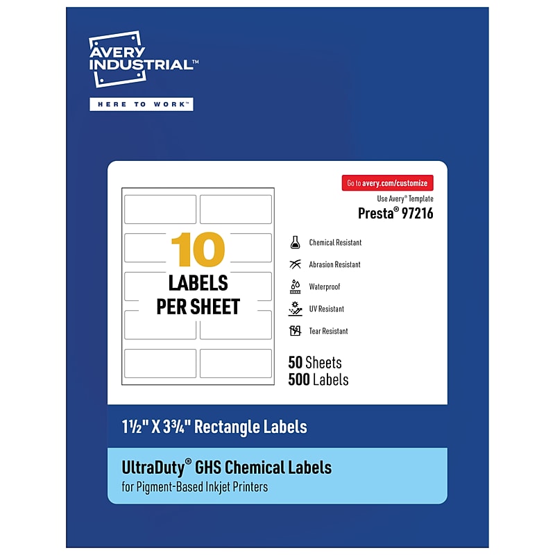 Avery Inkjet UltraDuty GHS Labels, 1-1/2" x 3-3/4", White, 500 Labels/Box (97216) image 1
