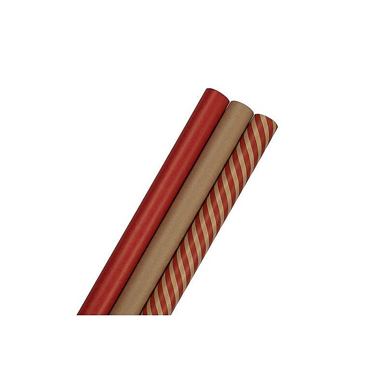 JAM Paper Wrapping Paper, 87.5 Sq Ft, Red Kraft Stripes and Solid Deluxe Set, 3 Rolls/Pack (77450120) image 1