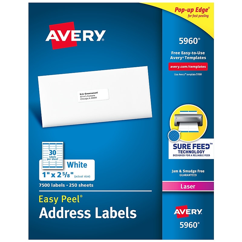 Avery Easy Peel Laser Address Labels, 1" x 2-5/8", White, 7,500 Labels/Box (5960) image 1
