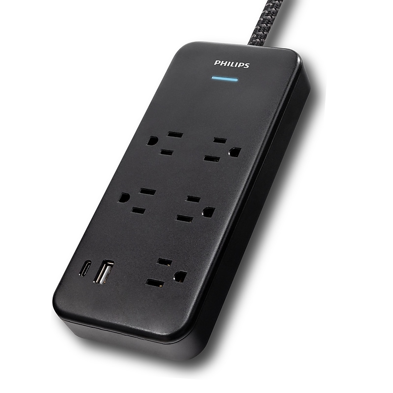 Philips Adapter Spaced 5-Outlet Surge Protector with USB Charging, 6 ft. Braided Cord, Black (SPP3303B/37-T1) image 1