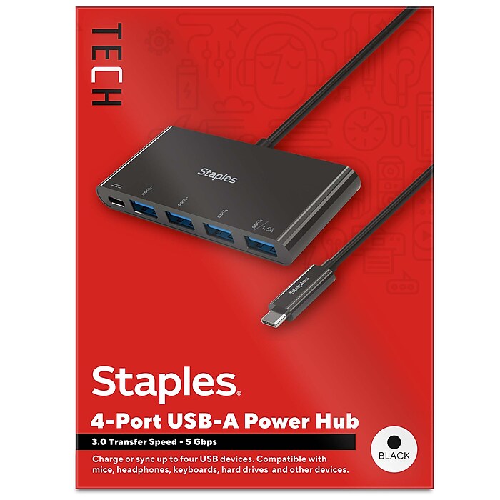 Staples TECH 4 Port USB 3.0 Hub Black ST62372 Staples