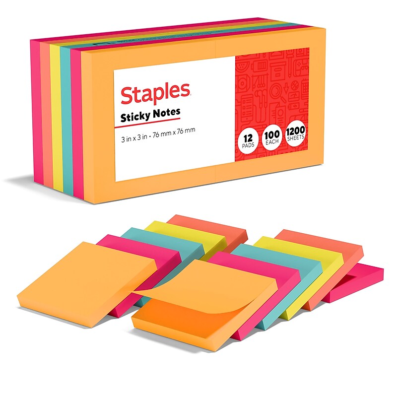 Staples Sticky Notes, 3" x 3", Dusk to Dawn Collection, 100 Sheets/Pad, 12 Pads/Pack (S-33BR12/52567) image 1