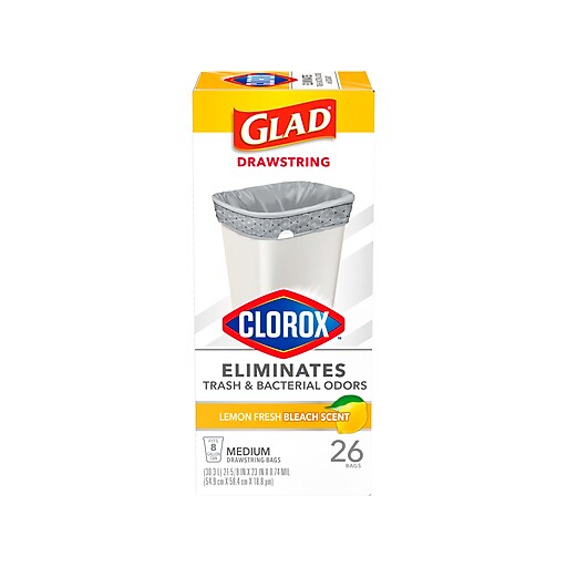 Glad Clorox 8-Gallon Trash Bag, 0.74 mil, Lemon Fresh Bleach, Gray, 26 Bags/Box  (79316)