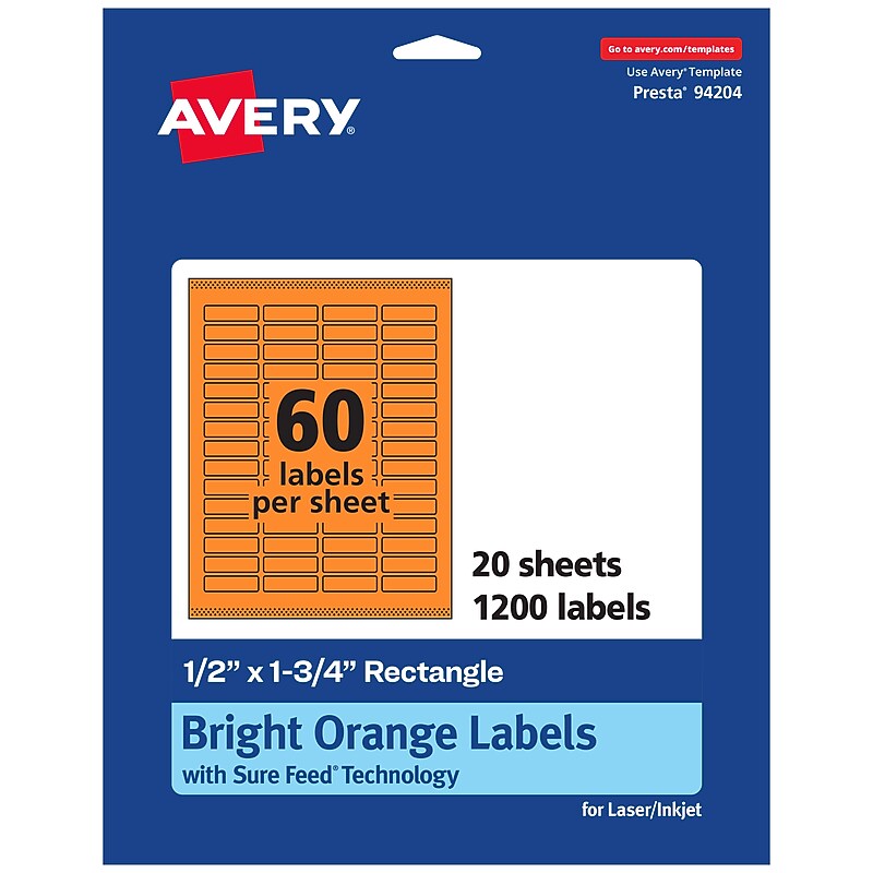 Avery Laser/Inkjet Multipurpose Rectangle Labels, 0.5" x 1.75", Bright Orange, 1200/Pack (94204) image 1