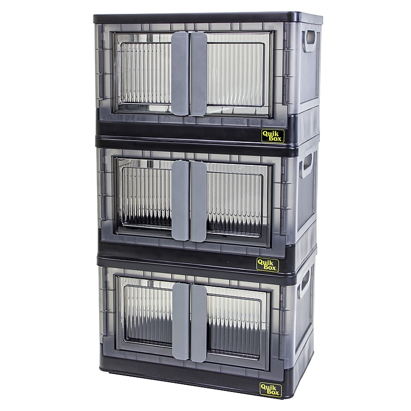 Dbest Quik Box Medium Stackable Folding Plastic Storage Bin, 12" x 11" x 12", 33.6 Qt., Black, 3/Pack (01-932) image 1