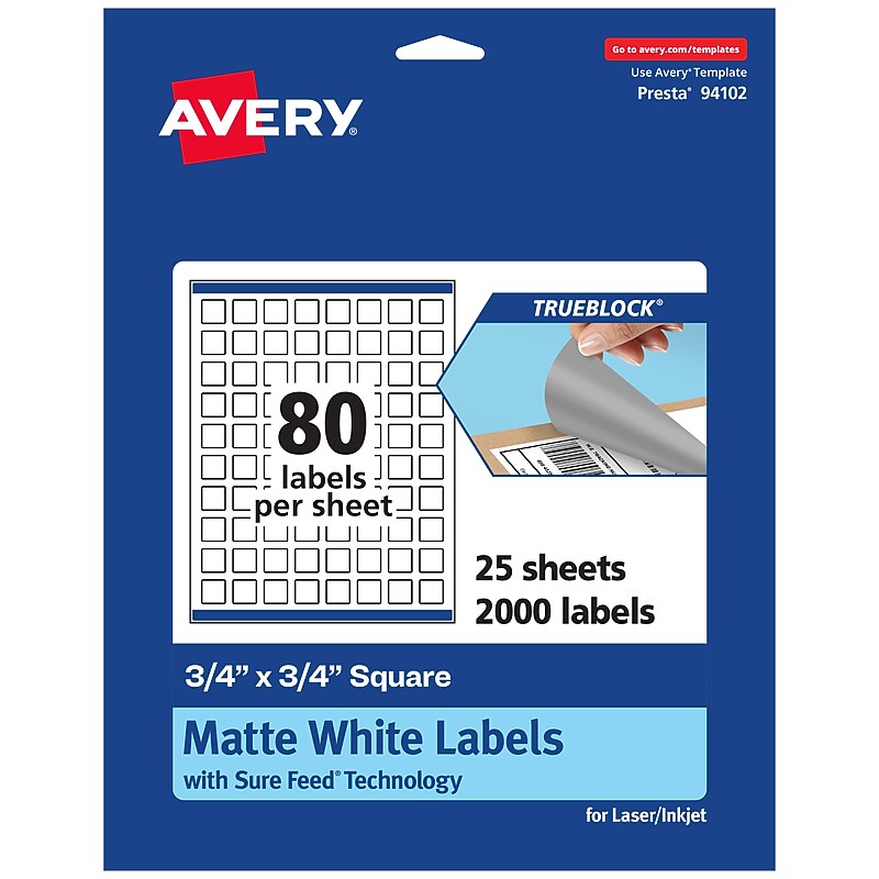 Avery Laser/Inkjet Multipurpose Labels, White, 80 Labels/Sheet, 25 Sheets/Pack (94102) image 1