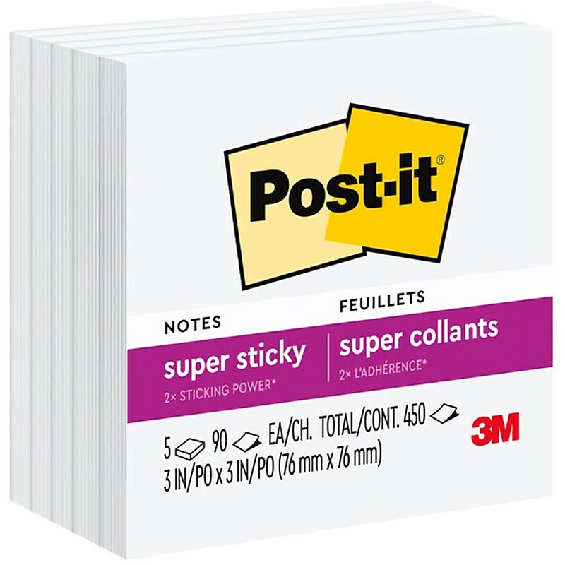 Post-it Super Sticky Notes, 3" x 3", White, 90 Sheet/Pad, 5 Pads/Pack (654-5SSW) image 1