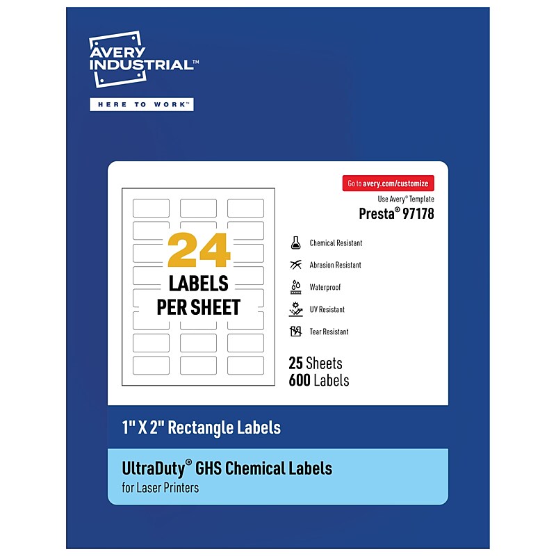 Avery Laser UltraDuty GHS Labels, 1" x 2", White, 600 Labels/Pack (97178) image 1