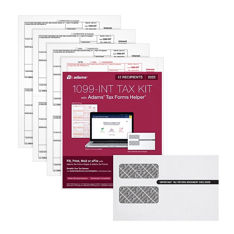 Adams 2025 1099-INT Tax Forms Kit, 4-Part, 2-Up, A, 1, B & 2, 12/Pack (STAX5INT-25) image 1