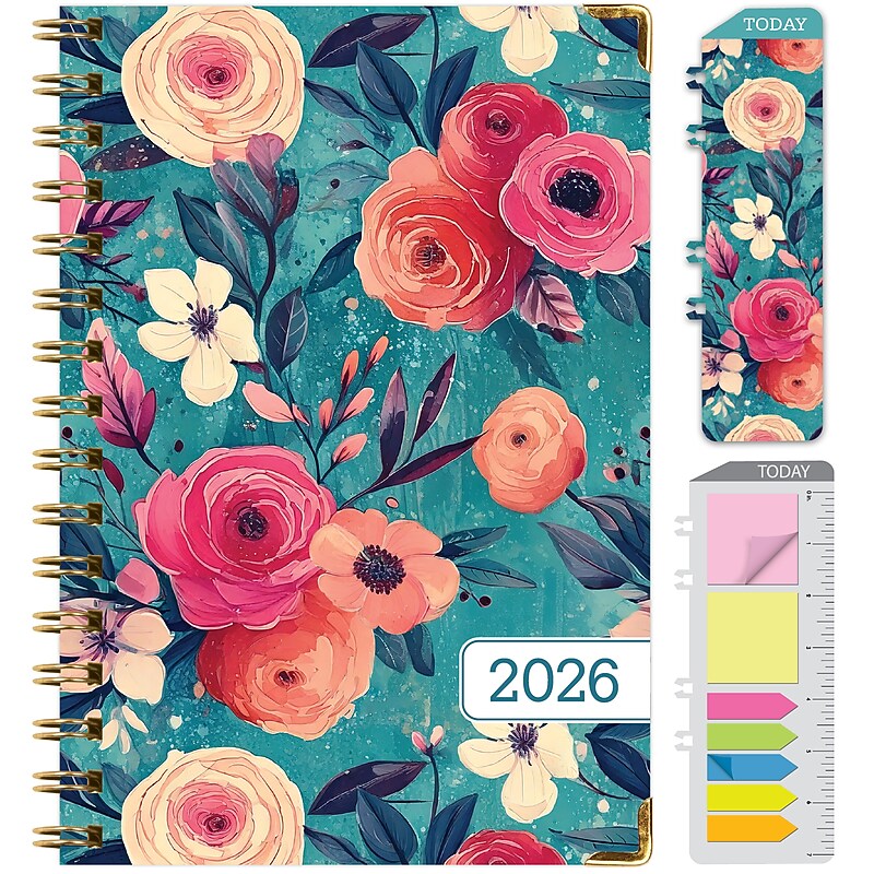 2026 Global Printed Products 5.5" x 8" Weekly & Monthly Planner, Paperboard Cover, Teal Floral (FSHN-CY26-58-17) image 1