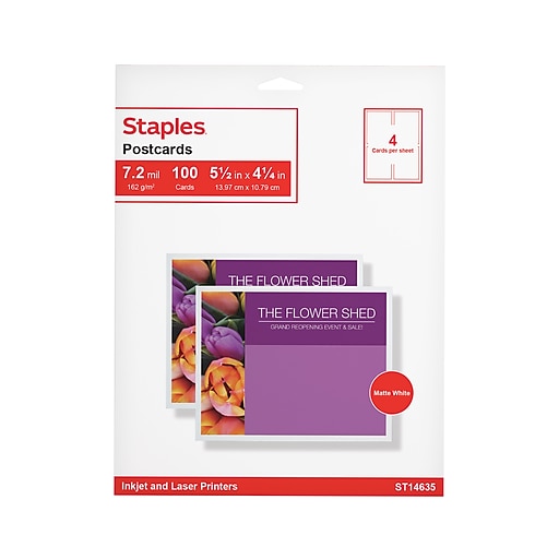 Staples® Matte Postcards, White, 100/Box (ST14635) Staples