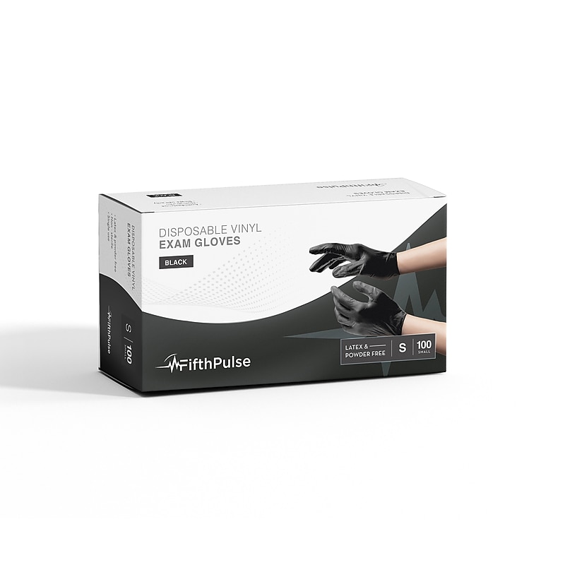 FifthPulse Powder Free Vinyl Exam Gloves, Latex Free, Small, Black, 100/Box (FMN100033) image 1