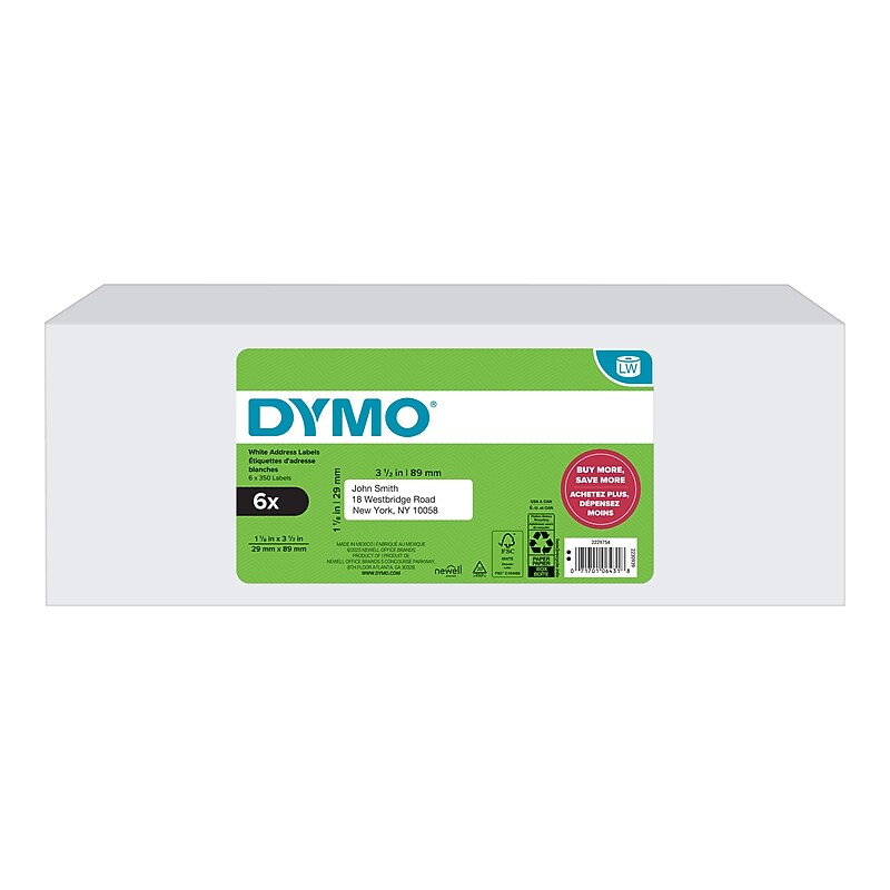 DYMO LabelWriter Mailing Address Labels, 1-1/8" x 3-1/2", White, 350 Labels/Roll, 6 Rolls/Box (2229754) image 1