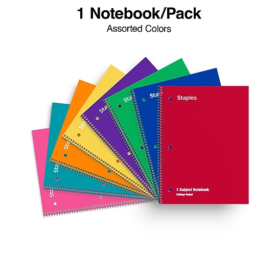 STAPLES 1‑Subject Notebook, 8” x 10.5”, College Ruled, 70 Sheets, Assorted Colors~#|#~A67953E2-9EA0-4CD1-8AE235FBCC11817F_sc7