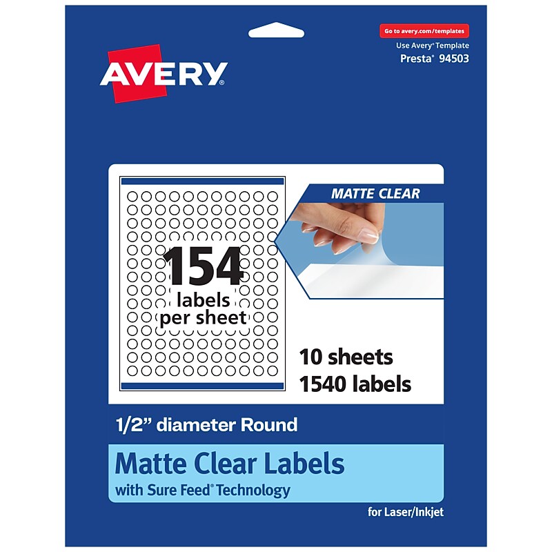 Avery Laser/Inkjet Round Multipurpose Labels, 0.5" Dia., Clear, 1540 Labels/Pack (94503) image 1