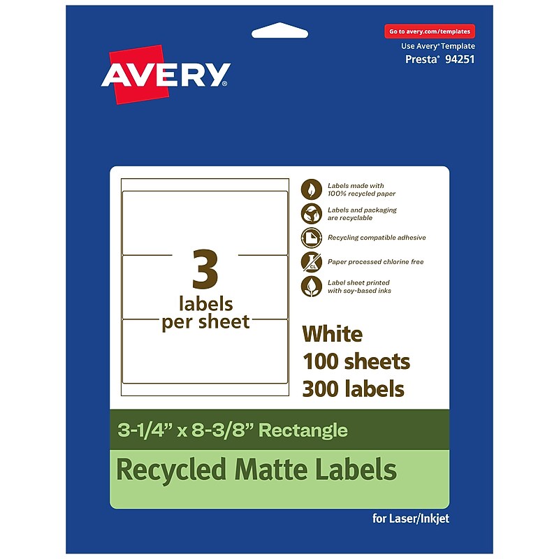 Avery EcoFriendly Laser/Inkjet Rectangle Multipurpose Labels, 3-1/4" x 8-3/8", White, 300/Box (94251) image 1