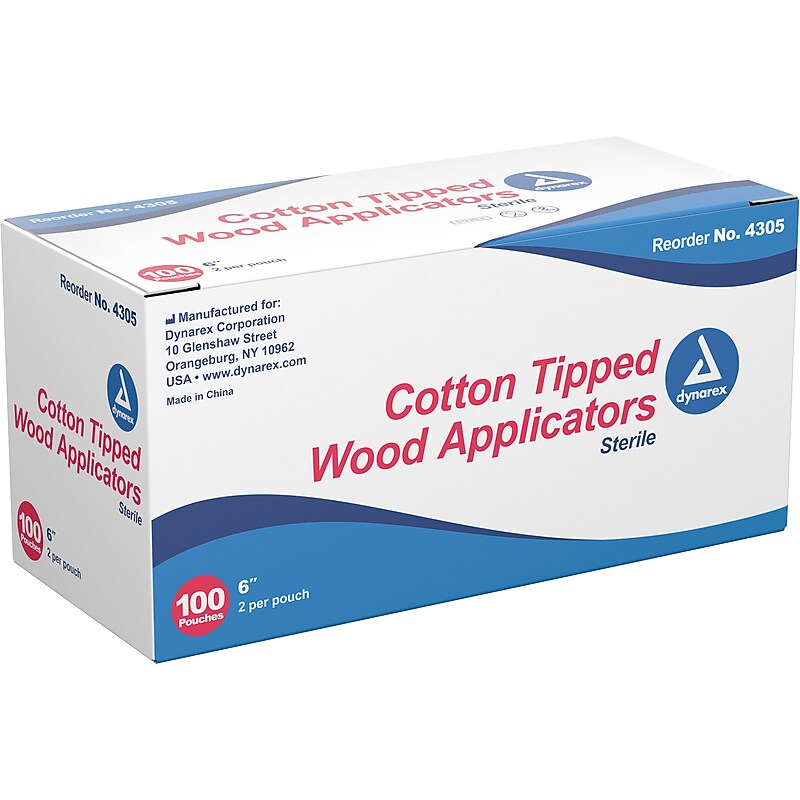 Dynarex Cotton-Tipped Applicator, Sterile, 2/Pouch, 100 Pouches/Box, 10 Boxes/Carton (4302) image 1