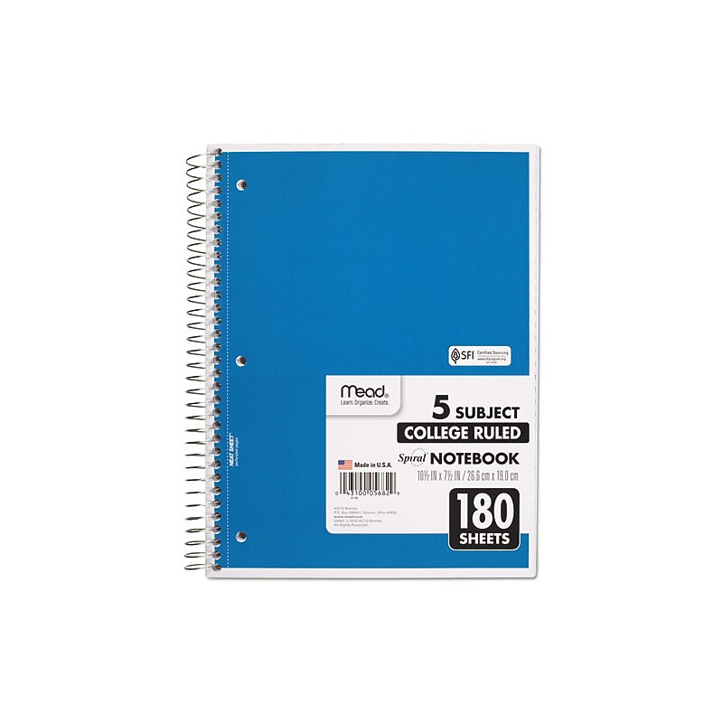 Mead 5-Subject Notebooks, 8" x 10.5", College Ruled, 180 Sheets, Assorted Colors (MEA05682) image 1