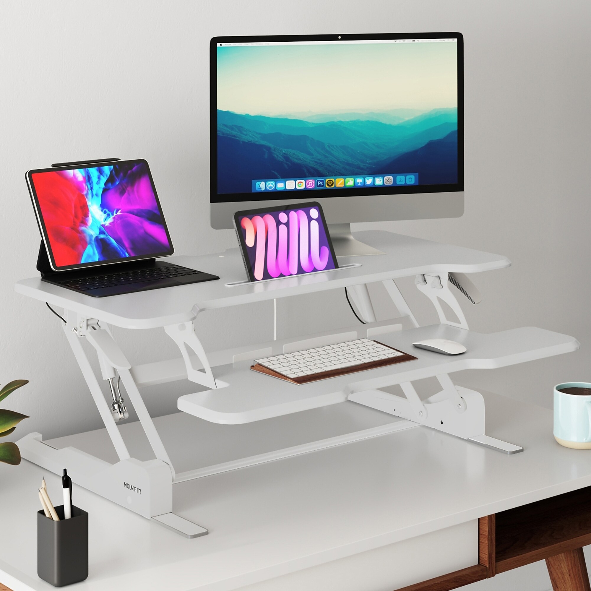Mount-It! 38″ W Manual Rectangular Adjustable Standing Desk Converter, White (MI-15005) Sansujyuku sansujyuku.com