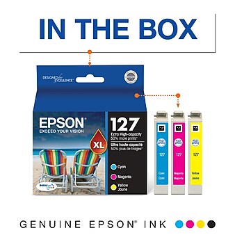 Epson T127 Cyan/Magenta/Yellow Extra High Yield Ink Cartridge, 3/Pack