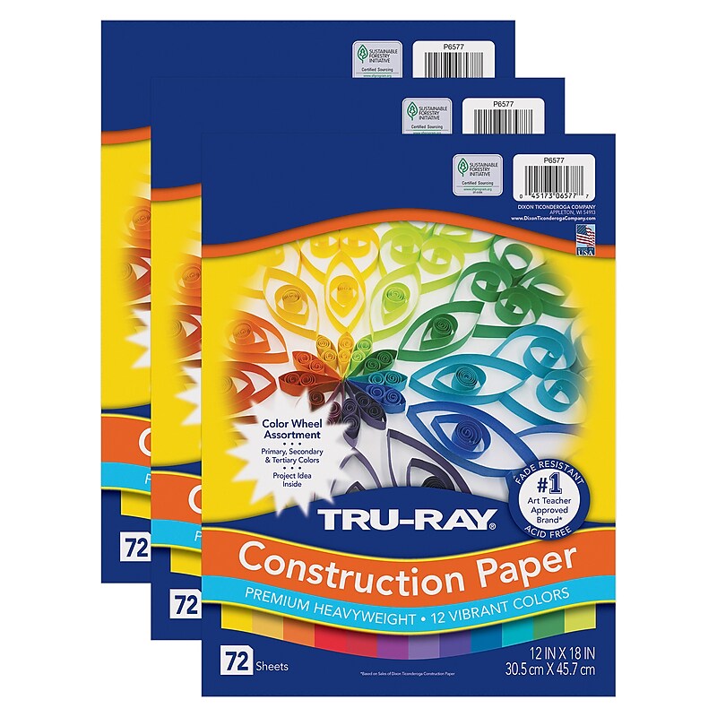 Tru-Ray Color Wheel 12" x 18" Construction Paper, Assorted Colors, 72 Sheets/Pack, 3 Packs/Bundle (PAC6577-3) image 1
