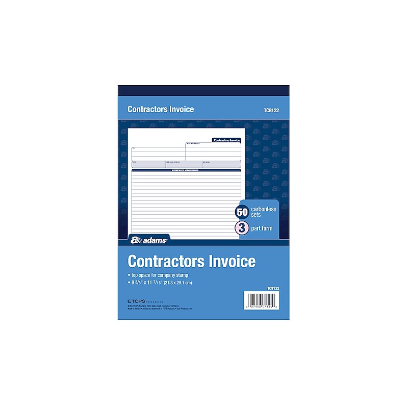 Adams Contractor's Invoice Book , 3 Part, 8.38'' x 11.44'', 50 Sets/Book (TC8122) image 1