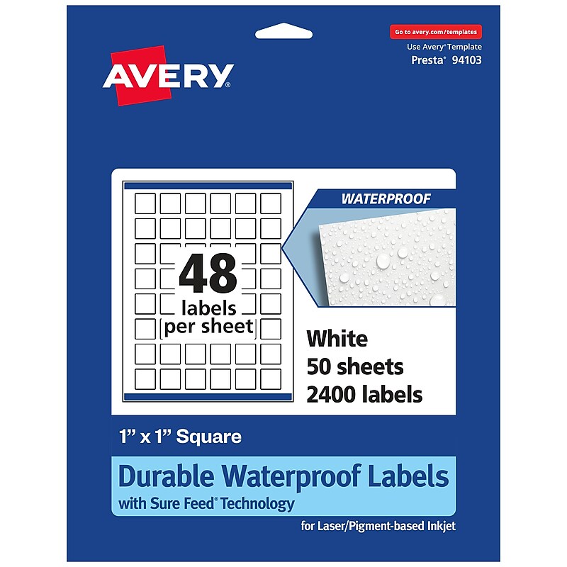 Avery Laser/Inkjet Square Durable Waterproof Labels, 1" x 1", White, 2,400 Labels/Box (94103) image 1