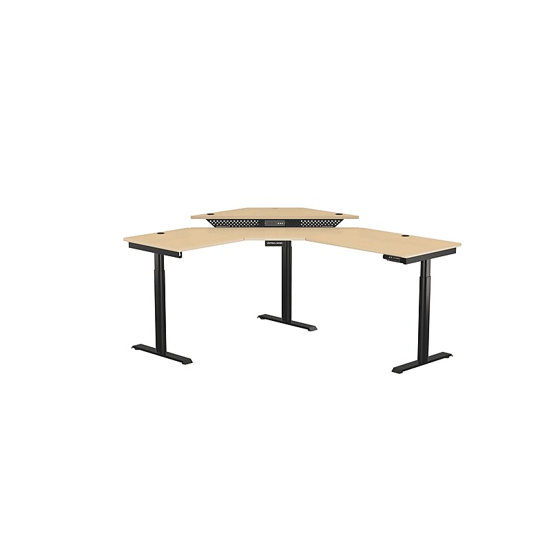 VersaDesk PowerLift 72"W Electric Corner Adjustable Standing Desk, Maple/Black (PLCSD6072-BM-APP) image 1