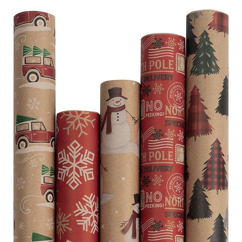 JAM Paper Christmas Wrapping Paper, 25 Sq. ft. x 30", Kids Kraft Christmas Set, 5 Rolls/Pack (165K5KRKID) image 1