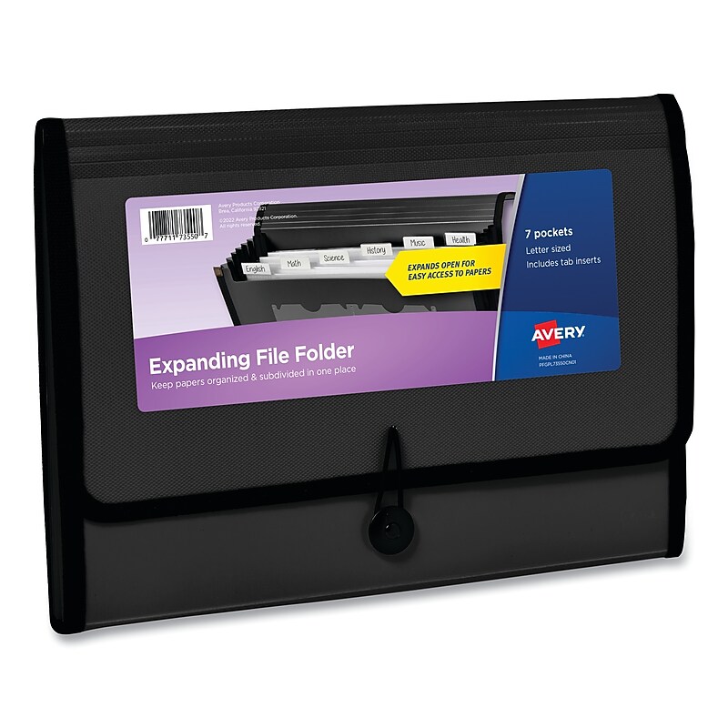 Avery Expanding File Folder Organizer, 7 Sections, Hook/Loop Closure, Letter Size, Black image 1