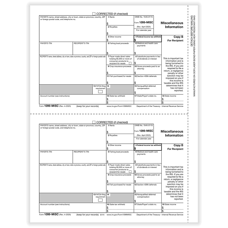 ComplyRight 2025 1099-MISC Tax Form, 1-Part, 2-Up, Recipient Copy B, 50/Pack (511150) image 1