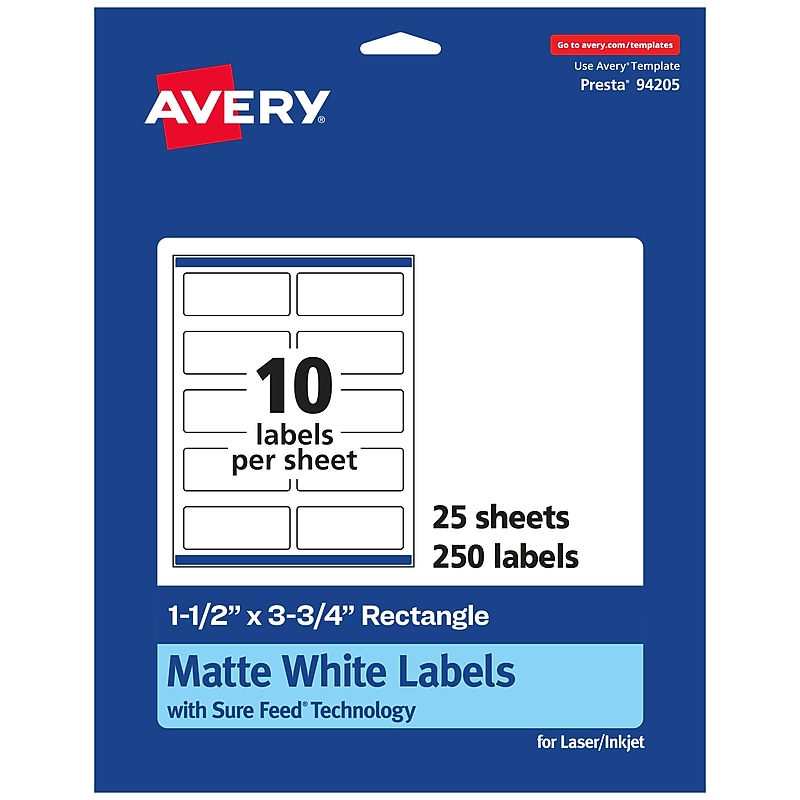 Avery Laser/Inkjet Rectangle Multipurpose Labels, 1.5" x 3.75", White, 250 Labels/Pack (94205) image 1
