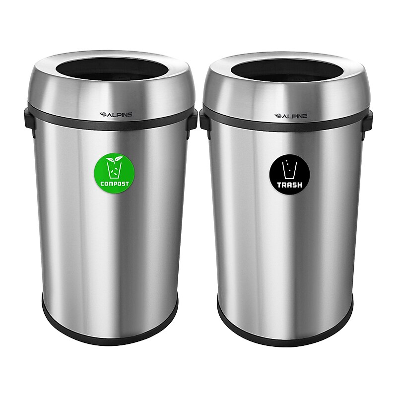 Alpine Industries Stainless Steel Compost and Trash Station with Open Lid, 34 Gallon, Silver, 2/Pack (ALP470-65L-CO-T) image 1