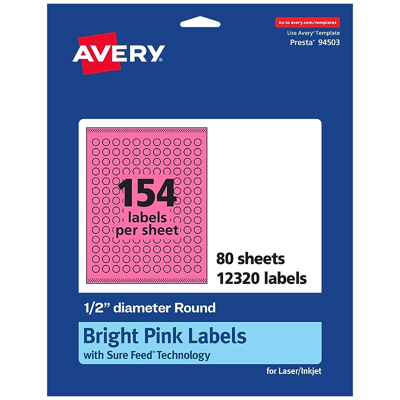 Avery Laser/Inkjet Round Multipurpose Labels, Bright Pink, 154 Labels/Sheet, 80 Sheets/Pack (94503-BPP80) image 1