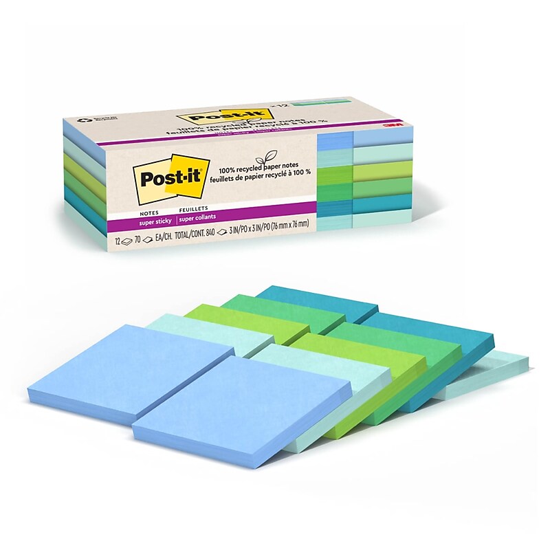 Post-it Recycled Super Sticky Notes, 3" x 3", Oasis Collection, 70 Sheets/Pad, 12 Pads/Pack (654R-12SST) image 1