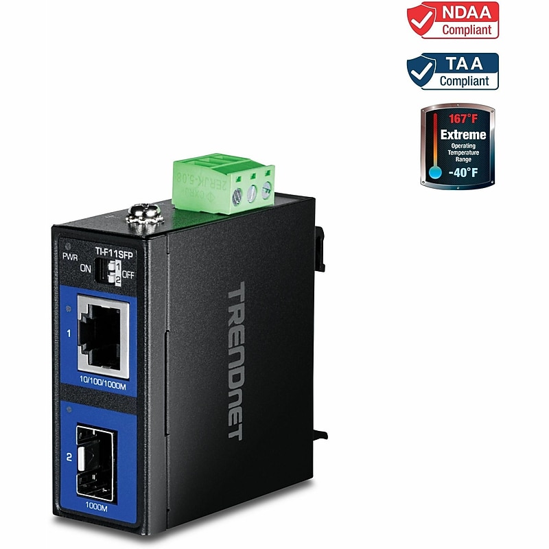 TRENDnet Hardened Industrial Media Converter, 100/1000Base‑T to SFP, IP30‑Rated (TI‑F11SFP) image 1