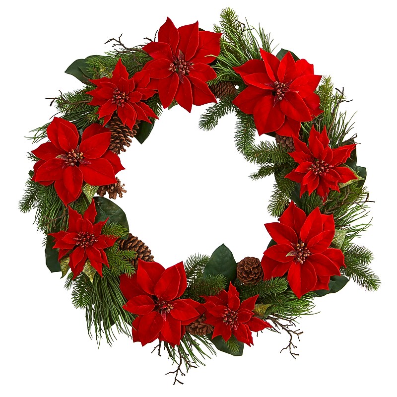 Nearly Natural Poinsettia and Pine Wreath, 36" (4202) image 1