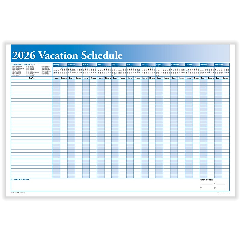 2026 ComplyRight Full Vacation Schedule 36" x 24" Yearly Dry Erase Wall Calendar, Blue/White (J0063) image 1