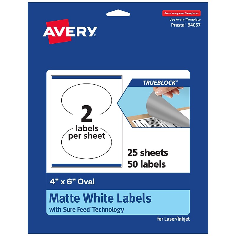 Avery TrueBlock Laser/Inkjet Oval Multipurpose Labels, 4" x 6", White, 50/Pack (94057) image 1