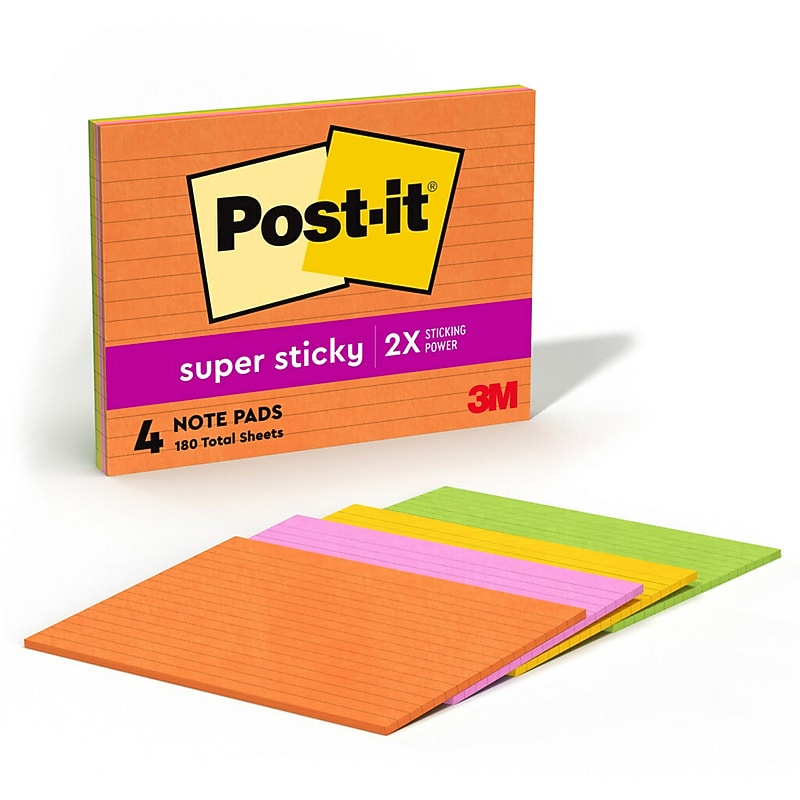 Post-it Super Sticky Notes, 8" x 6", Energy Boost Collection, Lined, 45 Sheet/Pad, 4 Pads/Pack (6845-SSPL) image 1
