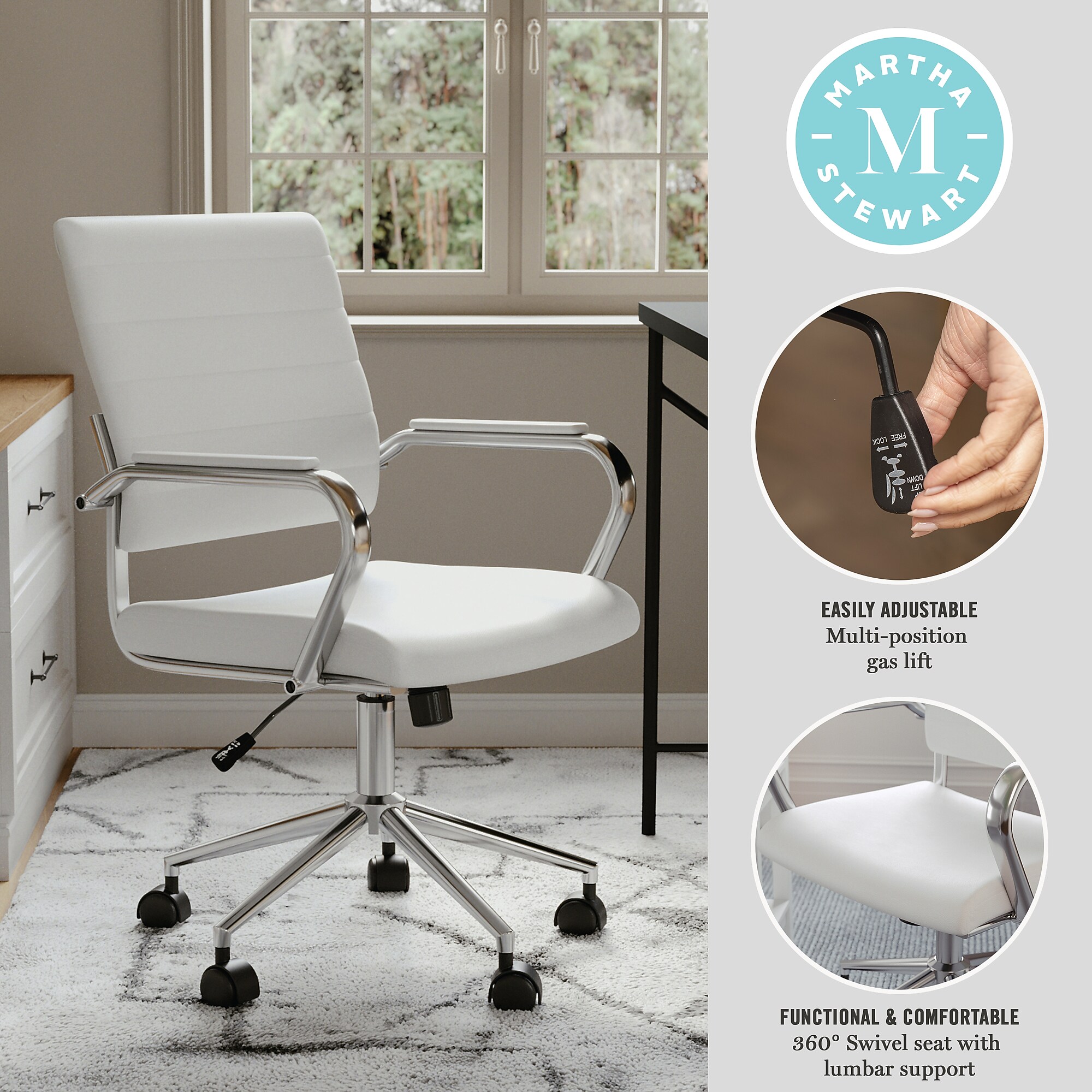 Martha Stewart Piper Faux Leather Swivel Executive Chair, White/Polished Nickel (CH2209212WH) Sansujyuku sansujyuku.com