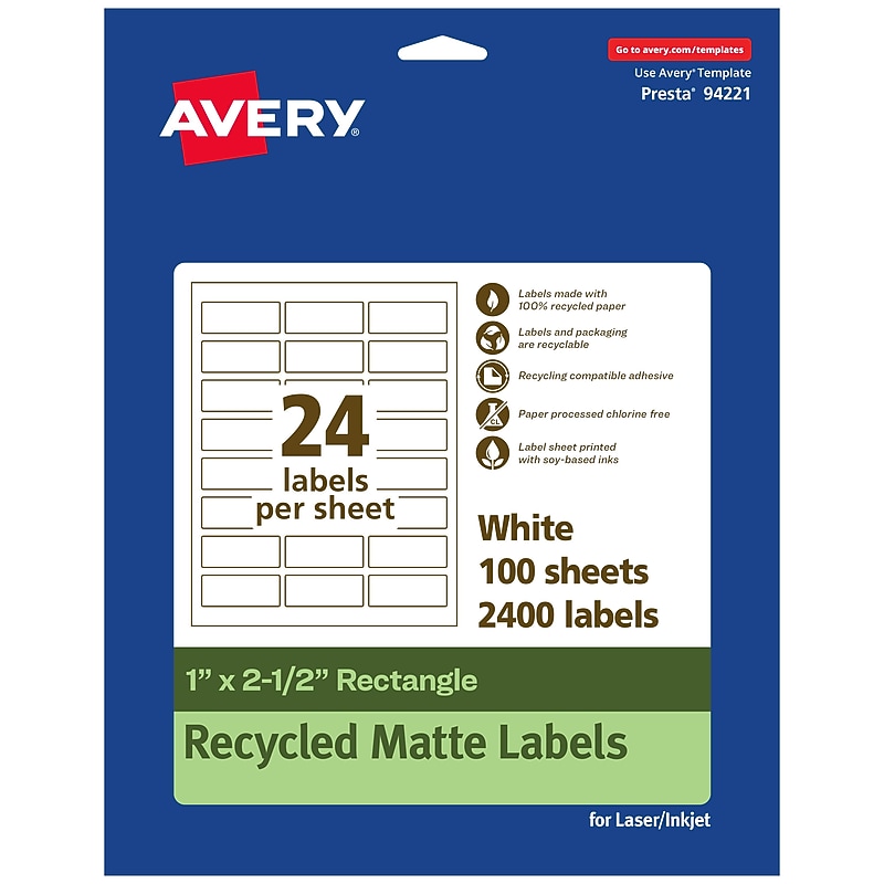 Avery EcoFriendly Laser/Inkjet Rectangle Multipurpose Labels, 1" x 2-1/2", White, 2400/Box (94221) image 1