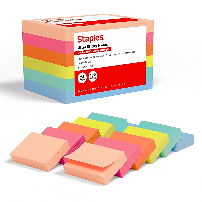 Staples Ultra Sticky Notes, 1 3/8" x 1 7/8", Golden Hour Collection, 100 Sheets/Pad, 24 Pads/Pack (ST62877) image 1