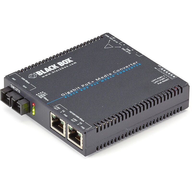 Black Box Gigabit PoE+ Media Converter, Dual 10/100/1000 UTP to Single‑Mode Fiber 1310nm, 15 km, SC, PSE‑Enabled (LGC5212A) image 1
