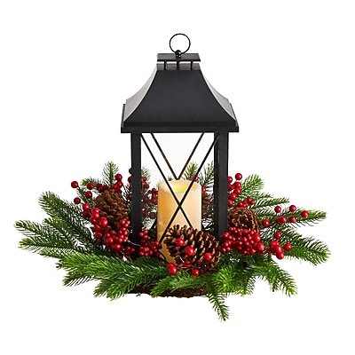 Nearly Natural 16" Holiday Christmas Berries, Pinecones & Greenery with Lantern and LED Candle - Thumbnail 2
